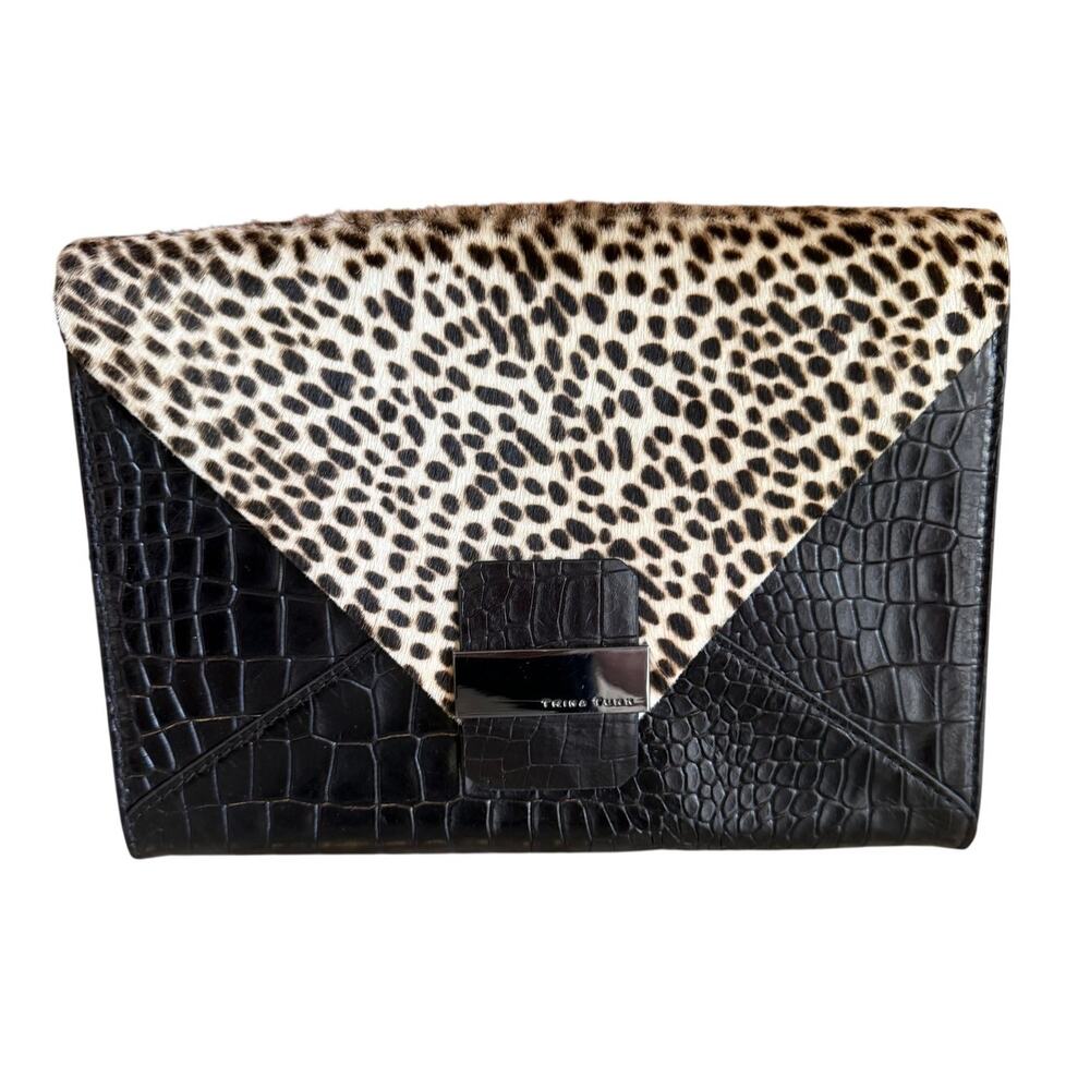 Trina Turk Croc Embossed Calf Hair Envelope Clutch Black Animal Print